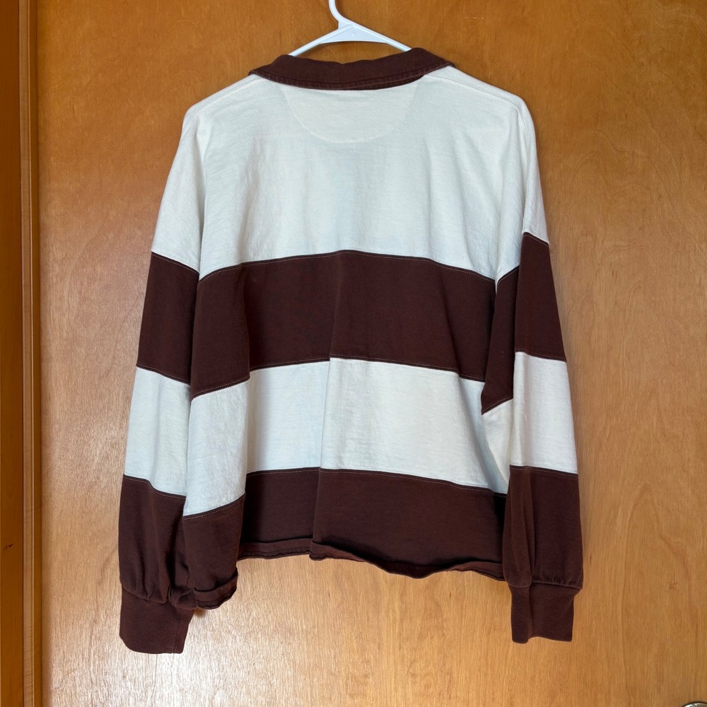 Madewell Rugby Polo Shirt Womens Large Brown Cream Striped NL325 Cotton Top - Picture 4 of 8
